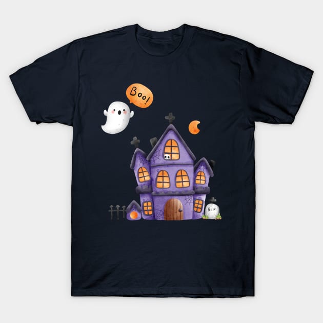 Spooky Halloween house and cute ghost T-Shirt by Ieva Li ART